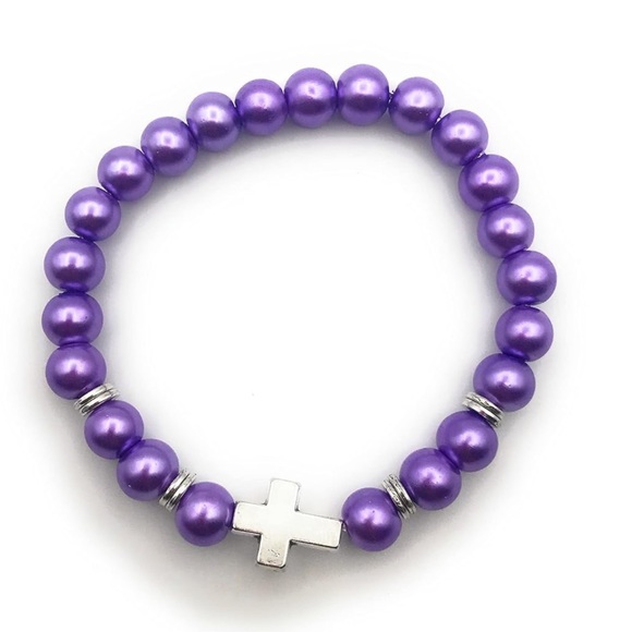 Purple Faux Pearl Side Cross Stretch Bracelet - Picture 1 of 5